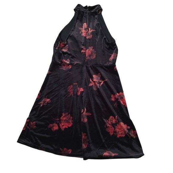 Venus Black Red/Orange Floral Velvet Halter Midi Dress Women Size L V-Ncck - Picture 2 of 6